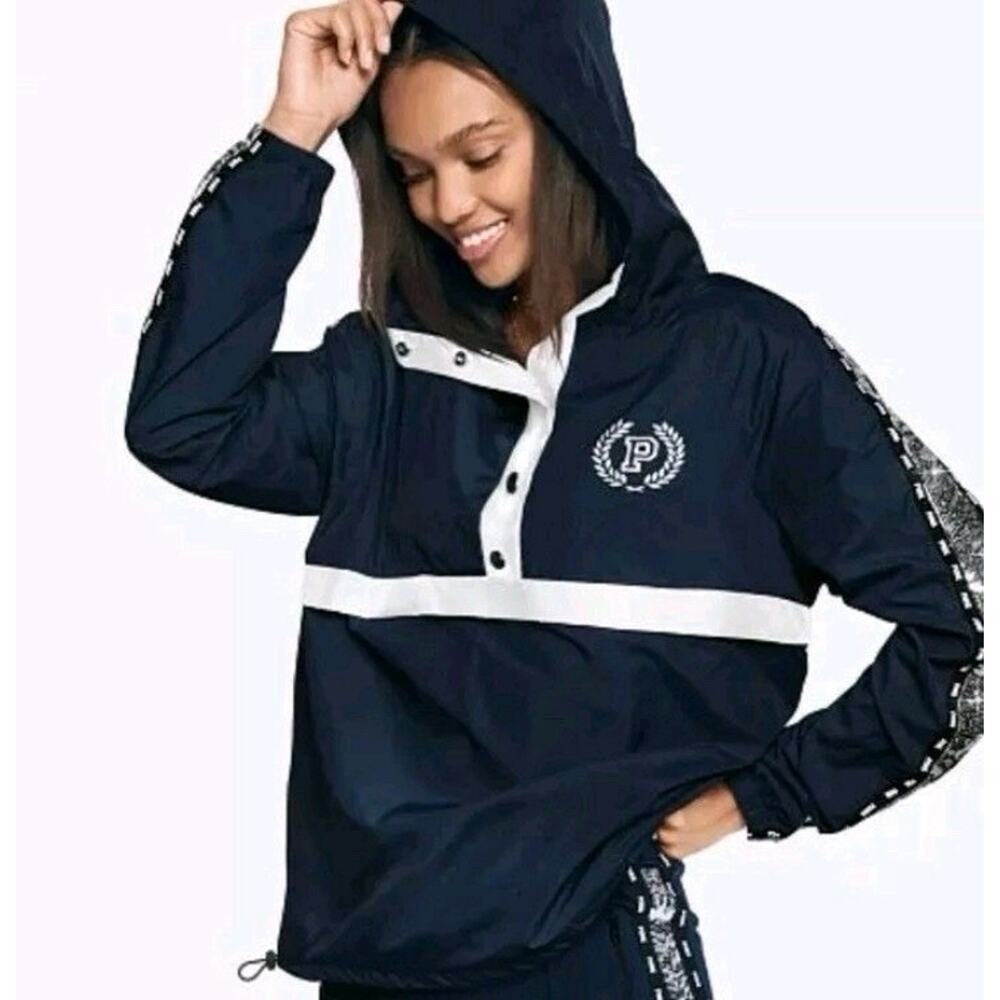 Victorias Secret funnel neck Silver bling sport Jacket Sz M/L Navy Y2K Sparkly